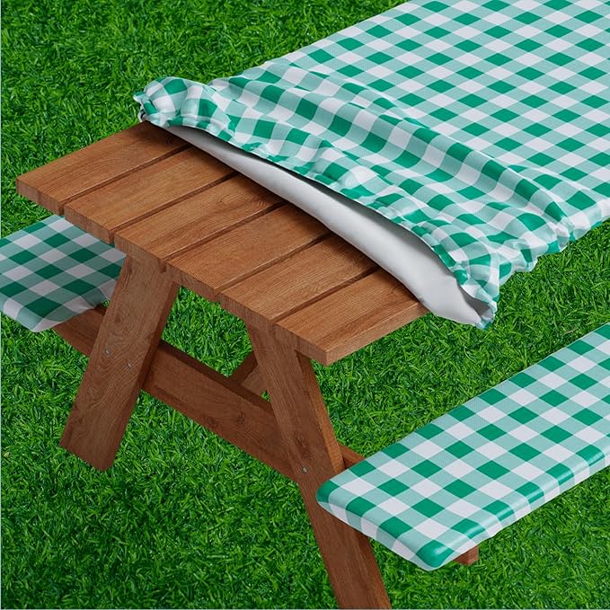 Picnic Table Cover with Bench Covers -Fitted with Elastic, Vinyl with Flannel Back, Fits for Table 30"x 96" Rectangle,Water Proof, Checked Green Design