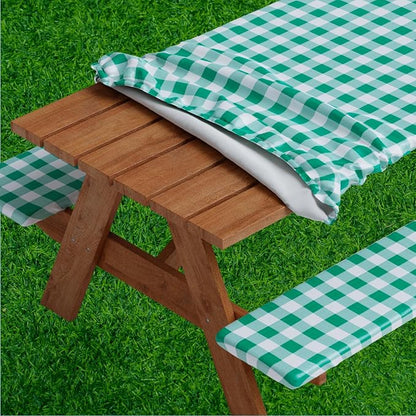 Picnic Table Cover with Bench Covers -Fitted with Elastic, Vinyl with Flannel Back, Fits for Table 30"x 60" Rectangle,Water Proof, Checked Green Design