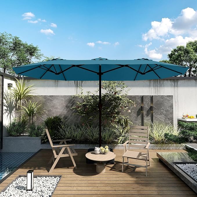 Kingdura 13ft Large Patio Umbrella with Base Included, Double-Sided Rectangle Outdoor Table Umbrella with 12 Reinforced Ribs, Crank Lift for Market Pool Deck Backyard, Lake blue
