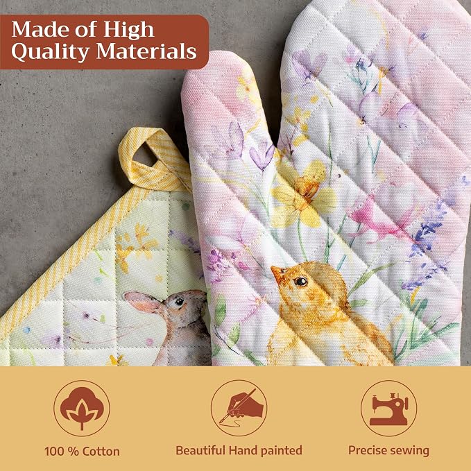 Maison d' Hermine 100% Cotton Oven Mitt & Pot Holder Set (7.5"x13" & 8"x8") | Heat Resistant BBQ Cooking Gloves with Loop Baking Grilling Kitchen Hotel Home Farmhouse Spring Summer - Easter Zest