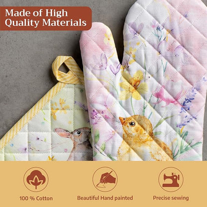 Maison d' Hermine 100% Cotton Oven Mitt & Pot Holder Set (7.5"x13" & 8"x8") | Heat Resistant BBQ Cooking Gloves with Loop Baking Grilling Kitchen Hotel Home Farmhouse Spring Summer - Easter Zest