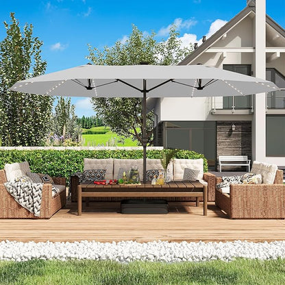GDPFN 15ft Rectangular Patio Umbrella with Solar LED Lights, Double-Sided Outdoor Market Umbrella with Base Included, Extra Large Shade for Pool, Deck, Backyard, Garden, Light Gray