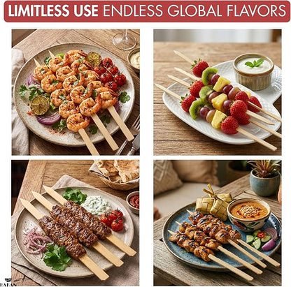Hakan 9.8” Bamboo BBQ Skewers 100 Pcs | Flat Kabob Skewers for Grilling Meat, Vegetables & Fruit | Shish Kebob Food Sticks | Cocktail Picks, Strong Appetizer Sticks for Party & BBQ, (25 cm x 2 cm)