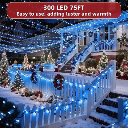 300LED 75FT Christmas Lights Indoor, LED Christmas Tree Decoration Lights with 12 Modes & Timer Memory, Dimmable Plug in Waterproof LED Xmas Light for Yard Trees Wedding Party Holiday Blue