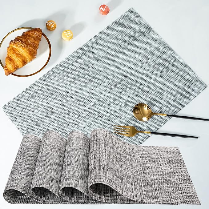 Zupro Placemats Set of 4 Washable Heat-Resistant Non Slip Braided Table Mats Woven PVC Vinyl Kitchen Dining Patio Table Place Mats for Dinner Parties BBQs Indoor and Ourdoor Use.18"x12"(Gray)
