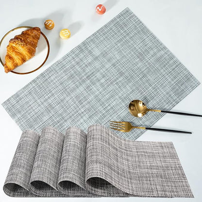 Zupro Placemats Set of 4 Washable Heat-Resistant Non Slip Braided Table Mats Woven PVC Vinyl Kitchen Dining Patio Table Place Mats for Dinner Parties BBQs Indoor and Ourdoor Use.18"x12"(Gray)