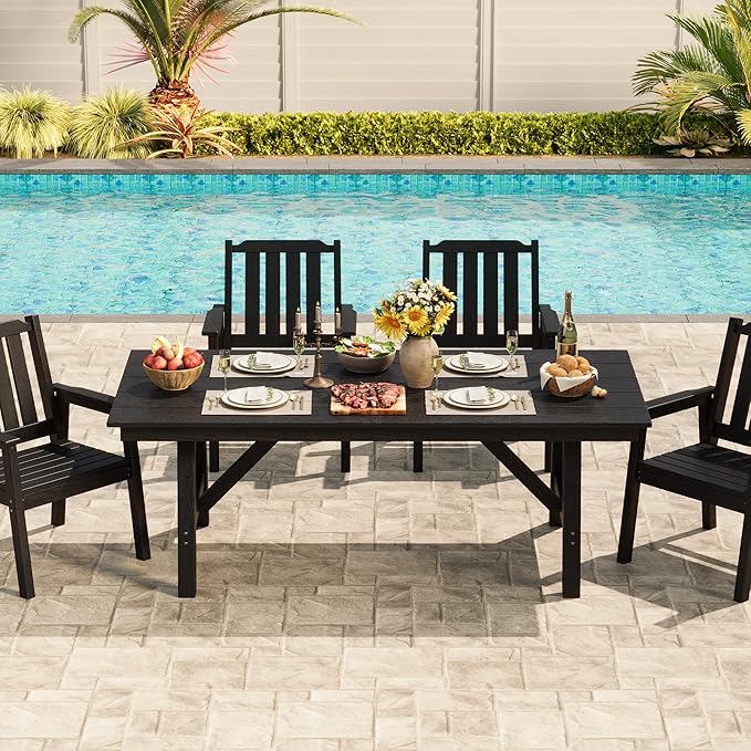 Garvee Outdoor Patio Dining Table Set for 6, 7 Piece Outdoor HDPE Dining Furniture Set with Umbrella Hole, Aluminum Frame, All-Weather Garden Table and 6 Chairs for Backyard Poolside, Black