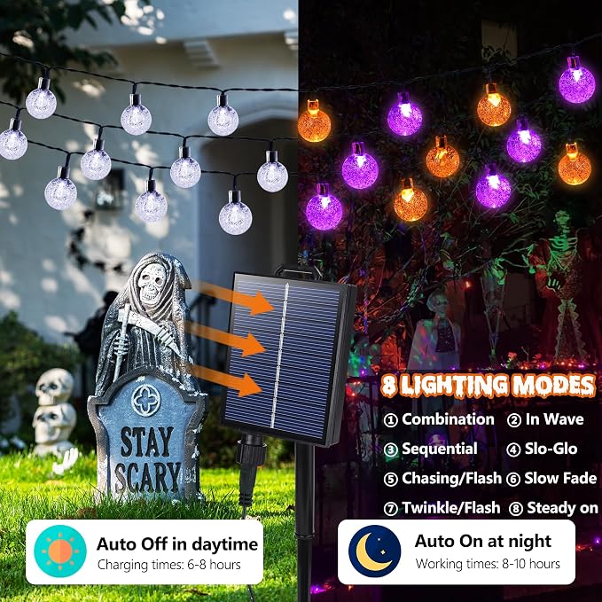 Joomer Orange Purple Halloween Solar String Light,65FT 100LED Globe Lights | with 8 Lighting Modes, Waterproof Auto On/Off Solar Powered Lights for Garden Yard Outdoor Halloween Decor