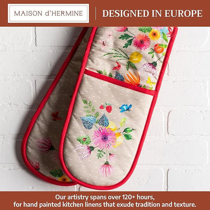 Maison d' Hermine Double Oven Mitts 100% Cotton 7"x35" Double Oven Mitt Heat Resistant BBQ Cooking Gloves with Loop Baking Grilling Kitchen Hotel Home Farmhouse Spring Summer (Jardin D'Ete - Fog)