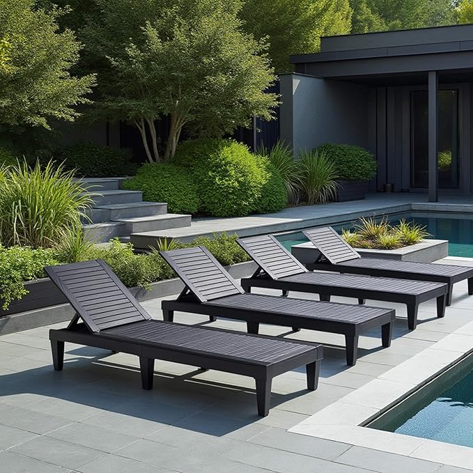 Nestl Patio Chairs - Black Chaise Lounge Chair Outdoor, 5-Position Adjustable Sun Tanning Chair, Waterproof Pool Lounge Chairs Set of 6, Reclining Lawn Chair, Lightweight Outdoor Lounge Chairs