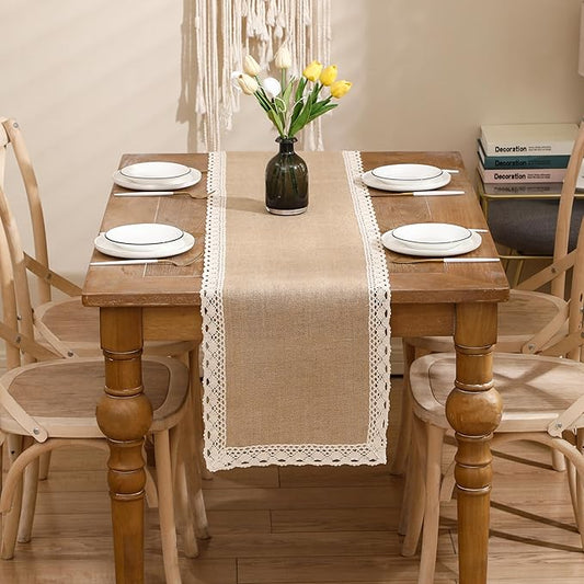 Burlap Table Runner Natural Jute Braided Table Runner 13''x 120'' Long Farmhouse Table Runners with Beige Lace for Spring Summer Parties BBQ's Holidays Rustic Vintage Dining Table Runner