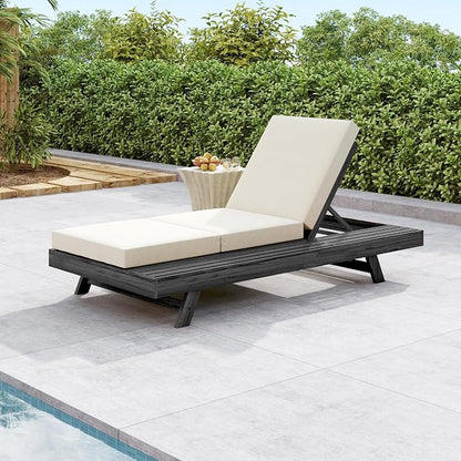 Christopher Knight Home Dami Patio Chaise Lounge Chair Outdoor with Foldable Cushion, Acacia Wood Poolside Sun Lounger with Space Available On One Side, Adjustable Backrest Pool Lounger, Black + Cream