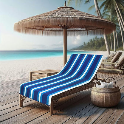 COTTON CRAFT Pool Lounge Chair Cover - 2 Pack - Soft Absorbent 100% Cotton Stripe Dobby Terry Towel Chaise Lounge Beach Chair Cover - Oversized 32 W x 82 Length x 7 inch Pocket – Blue
