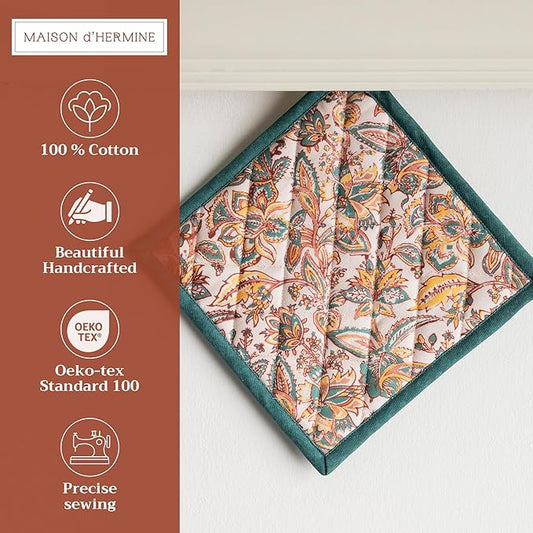 Maison d' Hermine Pot Holders Set 100% Cotton Heat Resistant Potholders 8" x 8" Hot Pads with Loop for Thanksgiving Christmas Decorations BBQ Cooking Baking Handling Hot Pans (Pack of 2, Nila)