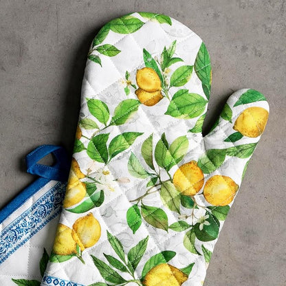 Maison d' Hermine 100% Cotton Oven Mitt & Pot Holder Set (7.5"x13" & 8"x8") Heat Resistant BBQ Cooking Gloves with Loop Baking Grilling Kitchen Hotel Home Farmhouse Spring Summer (Cedrat)