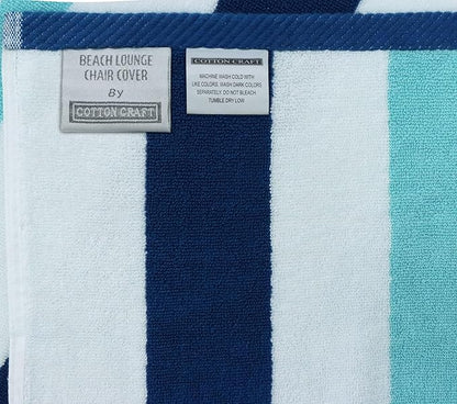 COTTON CRAFT Pool Lounge Chair Cover - 2 Pack Cabana Stripe Chaise Lounge Chair Cover - Soft 100% Cotton Dobby Terry Towel Beach Chair Cover - Oversized 32 W x 82 Length x 7 inch Pocket – Ocean Blue