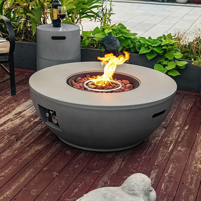 KEIKI 36 Inch Round Propane Fire Pit Table with Tank Cover, Concrete Finish Outdoor Gas Fireplace, Steel Patio Heater for Deck