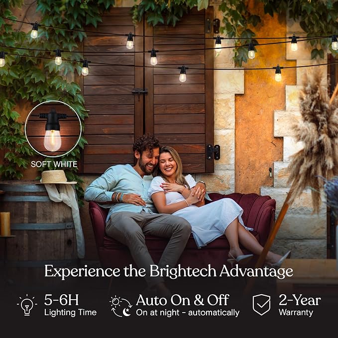 Brightech Ambience Hybrid Outdoor String Lights - Dual Plug and Solar Powered Waterproof LED Light String for Outside - Dimmable Soft White Edison Bulbs for Camping, Patio, Cafe, Yard - 48ft, 4W