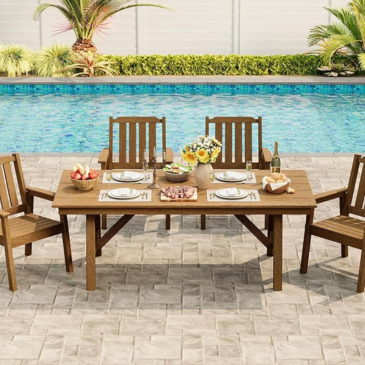 GarveeLife 5-Piece Outdoor Dining Set for Patio 4 People, HDPE All Weather Furniture Table Set with Large Table Umbrella Hole, Modern Outdoor Dining Chairs Armrest for Backyard Garden Deck (Natural)