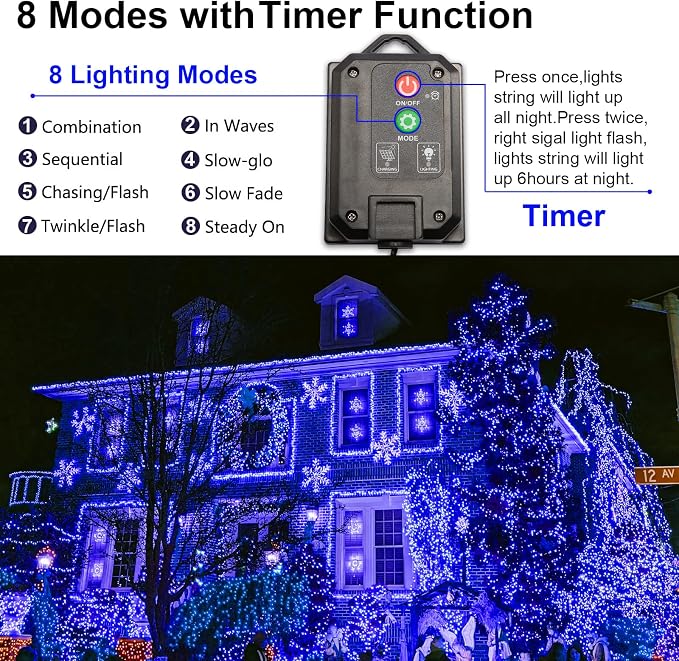 Solar Christmas String Lights, Blue 200Led, Outdoor Waterproof | 2 Pack Total 400Led 144Ft 8 Mode, IP44 Outside Fairy Lights for Tree, Garden, Patio, Lawn, Party, Yard Decorations
