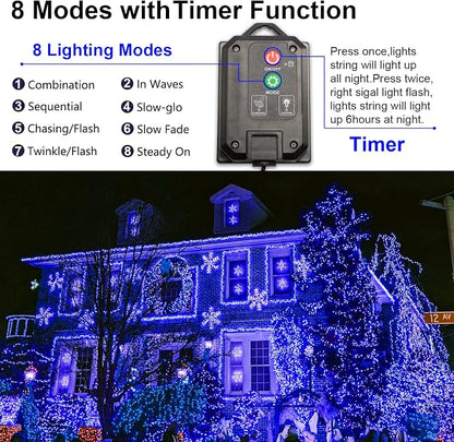 Solar Christmas String Lights, Blue 200Led, Outdoor Waterproof | 2 Pack Total 400Led 144Ft 8 Mode, IP44 Outside Fairy Lights for Tree, Garden, Patio, Lawn, Party, Yard Decorations