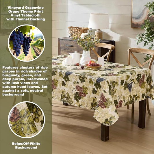 Newbridge 60 x 102 Inch Rectangle Vinyl Tablecloth with Flannel Backing, Grapevine Print, Grape Theme Indoor Outdoor Waterproof Table Cover, Picnic, Barbeque, Patio and Kitchen Dining