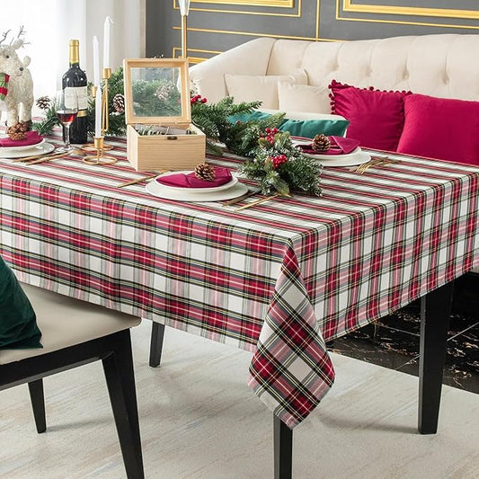 Christmas White Plaid Waterproof Tablecloth – Classic Woven Check Design – Holiday Dining Table Cover for Xmas Parties, Stain-Resistant & Durable, W52 x L70 in