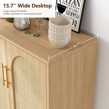 Keehusux 15.7" D Rattan Storage Cabinet with 2 Doors & Adjustable Shelf | Accent Buffet Sideboard Cabinet with Solid Wood Legs, Coffee Bar for Kitchen, Living Room, Entryway, Natural Oak