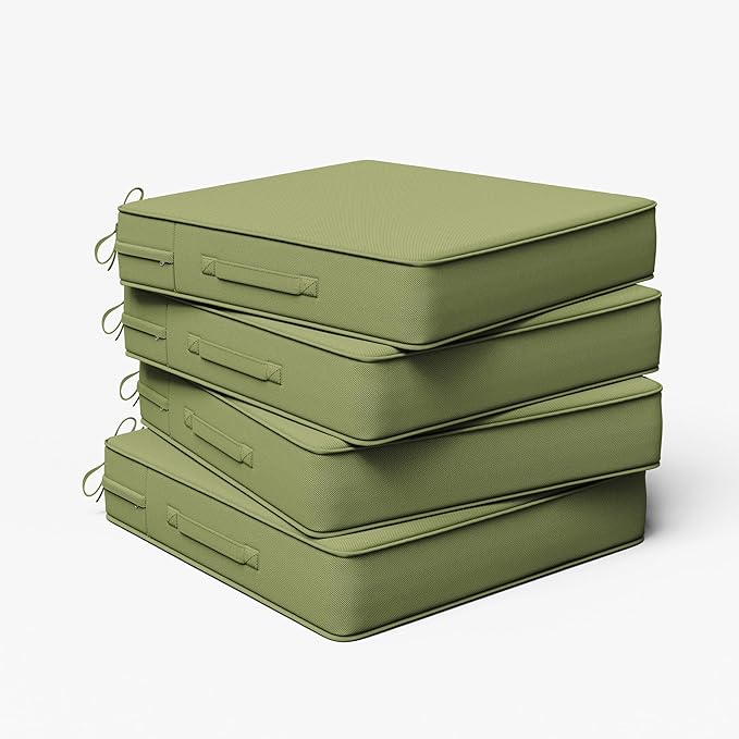 Outdoor Chair Cushion 24 x 24 x 5 Inches Patio Furniture Outdoor Waterproof Seat Cushion, Patio Chair Cushion with Handles and Ties, Square Dining Chair Cushion Set of 4, Light Green