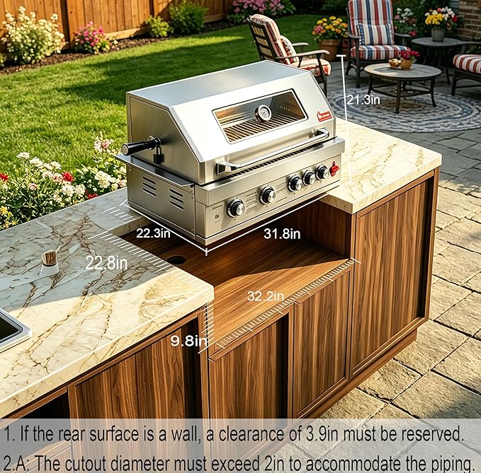 28in Gas Grill Built-In Head, 5-Burner Propane Grill, Natural Gas/Charcoal Convertible,Heavy Duty 304 Stainless Steel with Rear Burner，63100-BTUs BBQ Island Kitchen Gas Grill Outdoor Cooking