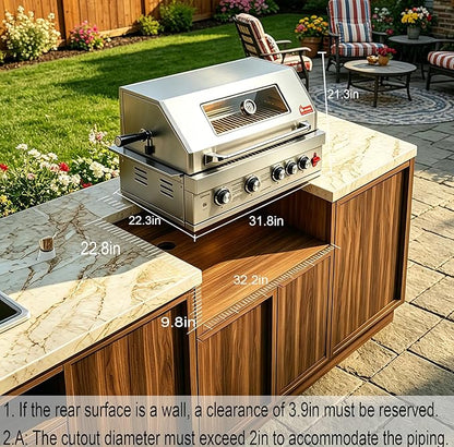28in Gas Grill Built-In Head, 5-Burner Propane Grill, Natural Gas/Charcoal Convertible,Heavy Duty 304 Stainless Steel with Rear Burner，63100-BTUs BBQ Island Kitchen Gas Grill Outdoor Cooking