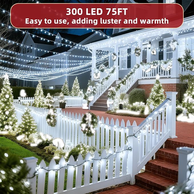 300LED 75FT Christmas Lights Indoor, LED Christmas Tree Decoration Lights with 12 Modes & Timer Memory, Dimmable Plug In Waterproof LED Xmas Light for Yard Trees Wedding Party Holiday Cool White