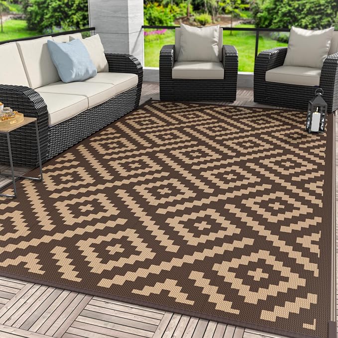GENIMO Outdoor Rug, Waterproof Plastic Rugs for Patio, 6'x9' Coffee Brown | Outside Larger Modern Carpet Mat for Porch Decor, Deck, Balcony, Camping, RV, Backyard, Picnic, Beach, Reversible, Foldable