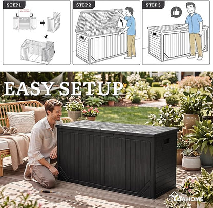 YITAHOME XXL 300 Gallon Extra Large Outdoor Deck Box, Lockable Resin Double-Wall Storage Box and Waterproof Patio Furniture Bin for Garden Tools & Pool Accessories, Black