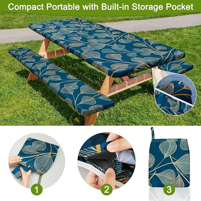 Picnic Table and Bench Cover Set, Waterproof Fitted Elastic Cloth | Portable Camping Essentials With Built-In Storage Pocket And Waterproof Fabric For Outdoor RV Or Picnic Table Use