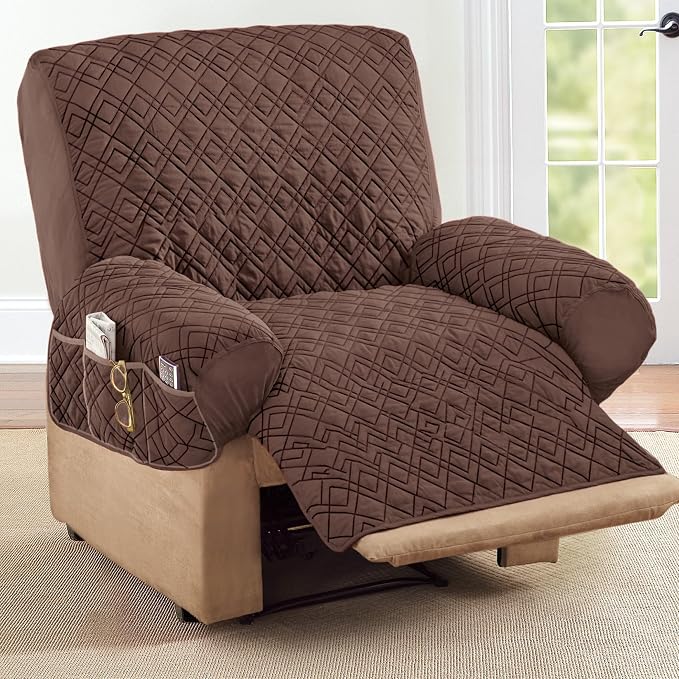 Collections Etc Diamond-Shape Quilted Stretch Recliner Cover with Storage Pockets and Elastic Straps - Furniture Protector, Chocolate, Recliner | Chocolate, Recliner, polyester, Storage Pocket