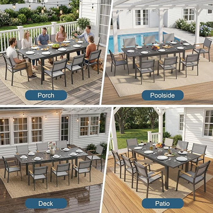 RoyalCraft Aluminum Outdoor Patio Table and Chairs Set with 91.7" L-62 L Expandable Dining Table, 9-Pieces Patio Furniture Set for 8, Outdoor Dining Set with Stackable Quick Drying Chairs, Grey
