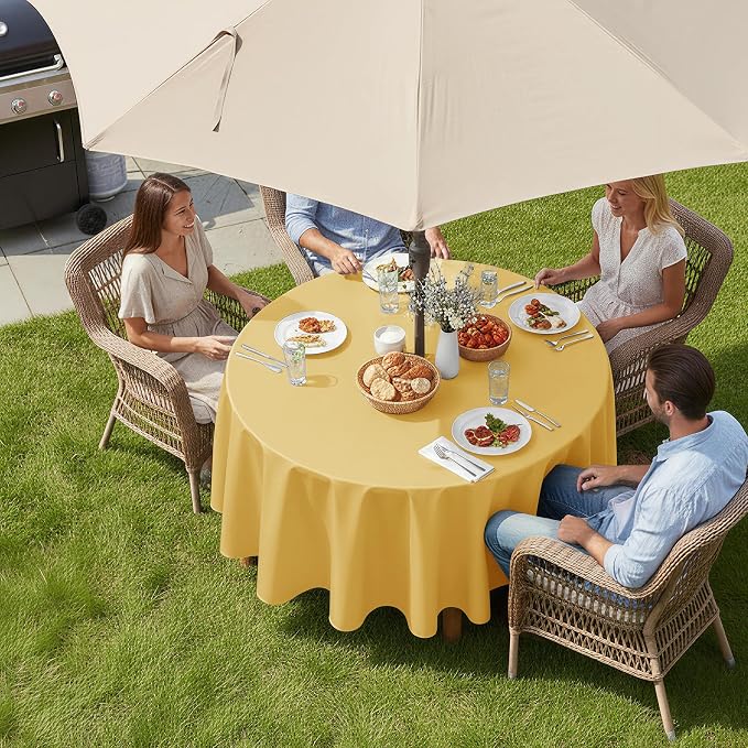 LUSHVIDA Round Outdoor Tablecloth with Umbrella Hole and Zipper, 60 Inch Yellow, Washable Waterproof Table Cloth Spill Proof Wrinkle Free Table Cover for Patio Spring Summer Picnic BBQS