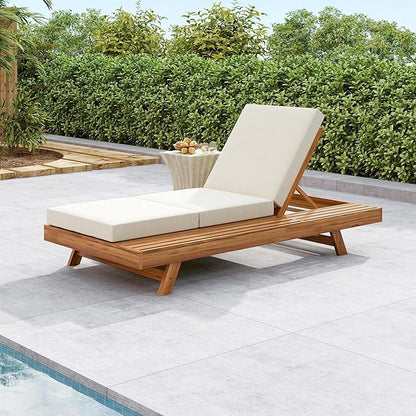 Christopher Knight Home Kayes Acacia Wood Chaise Lounge with 4'' Triple Folds Cushion, Outdoor 79'' Patio Recliner Chair with 4-Position Adjustable Backrest, Sun Lounger for Backyard, Teak+Cream