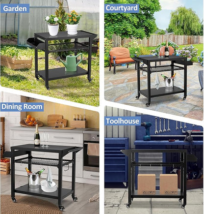 Spurgehom Grill Cart, Pizza Oven Stand Table with Wheels, Outdoor Movable Kitchen Cooking Prep Table BBQ Cart with Mesh Racks for Home Party, Bar, Camping