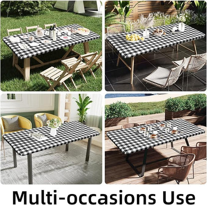 Smiry Square Picnic Table Cloth, Elastic Waterproof Fitted Vinyl Tablecloths, Flannel Backed Buffalo Plaid Table Covers for Dining, Camping, Outdoor (Black and White, 24" x 24")