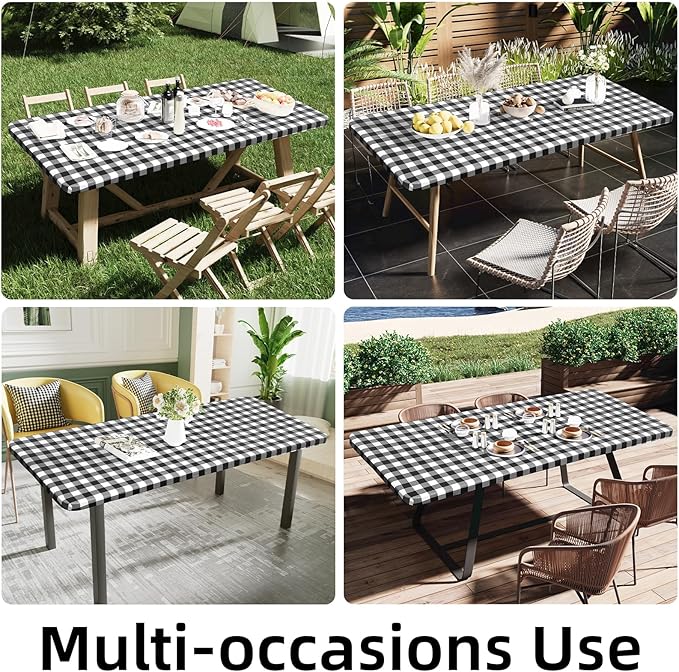 Smiry Rectangle Picnic Table Cloth, Elastic Waterproof Fitted Vinyl Tablecloths, Flannel Backed Buffalo Plaid Table Covers for Dining, Camping, Outdoor (Black and White, 24" x 72")