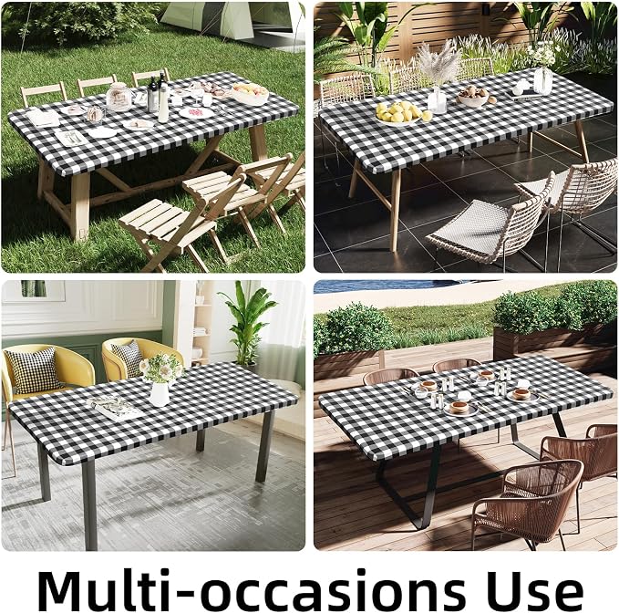 Smiry Rectangle Picnic Table Cloth, Elastic Waterproof Fitted Vinyl Tablecloths, Flannel Backed Buffalo Plaid Table Covers for Dining, Camping, Outdoor (Black and White, 42" x 72")