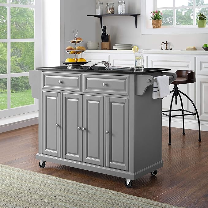 Crosley Furniture Full Size Granite Top Rolling Kitchen Island Storage Cart, Microwave Stand, Spice Rack, Gray