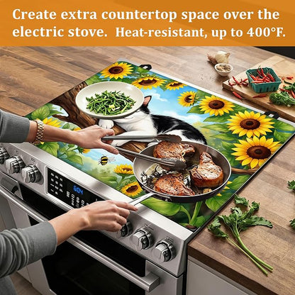 Stove Top Covers for Electric Stove,Sleeping Cat Flat Top Stove Cover,Sunflowers Heat Resistant Glass Top Stove Cover Protector Anti-Slip Range Covers, 28 x 20 Inch