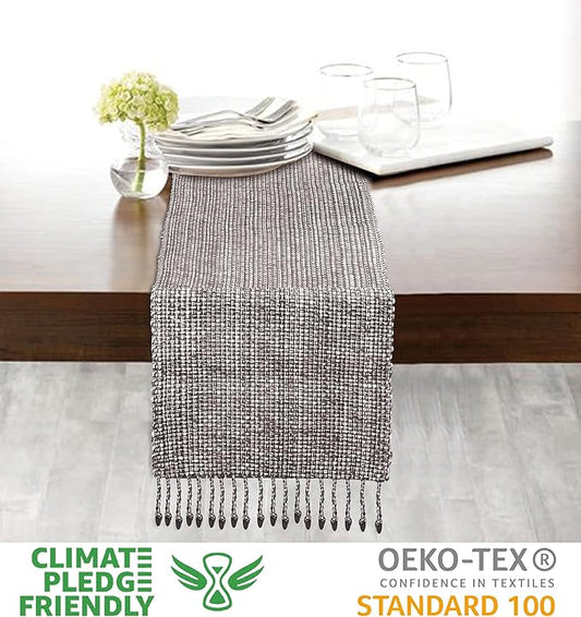 Urban Villa Two Tone Table Runner - 100% Cotton, Brown/Ivory, 14''x72'' with Fringes, Perfect for Kitchen, Dining, BBQs and Everyday Use
