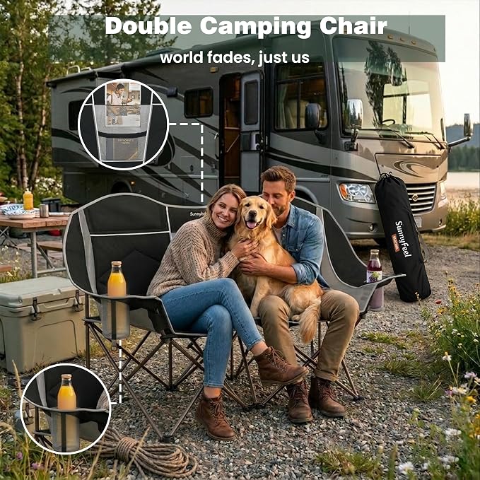 SUNNYFEEL Double Camping Chair Oversized Loveseat for Adults | 600LBS Heavy Duty Padded Camping Couch with Cup Holder, Storage Pockets & Carry Bag for Patio RV/ Lawn/ Backyard