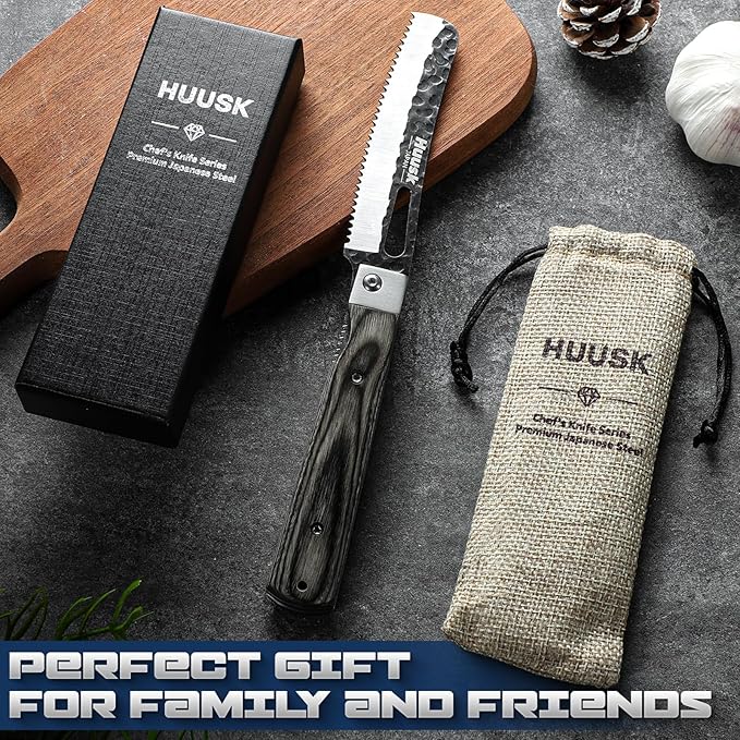 Huusk Japanese Folding Bread Knife - Pocket Knife with Wide Wavy Edge for Homemade Bread, Steak and Tomato - Hand Forged Kitchen Knives for BBQ, Camping and Travel - Gift for Men and Women