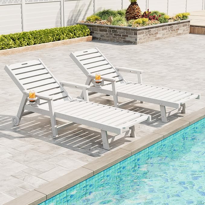 Garvee Lounge Chair Outdoor Set of 2 with Wheels & 5-Position Adjustable Backrest, Oversized Chaise Lounge with 2 Move Handle, HDPE Lounge Chair w/Detachable Cup Holder, for Patio, Pool,White