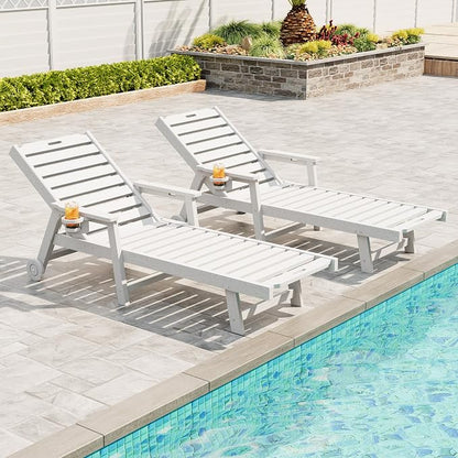 Garvee Lounge Chair Outdoor Set of 2 with Wheels & 5-Position Adjustable Backrest, Oversized Chaise Lounge with 2 Move Handle, HDPE Lounge Chair w/Detachable Cup Holder, for Patio, Pool,White